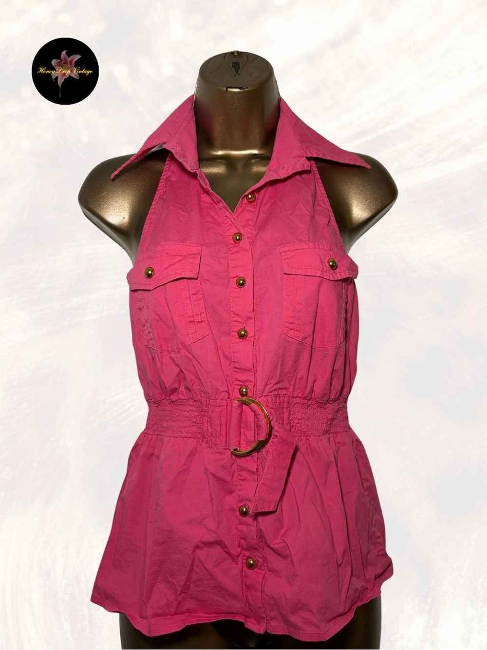 Y2K Rampage Hot Pink Halter Button Front Belted Top